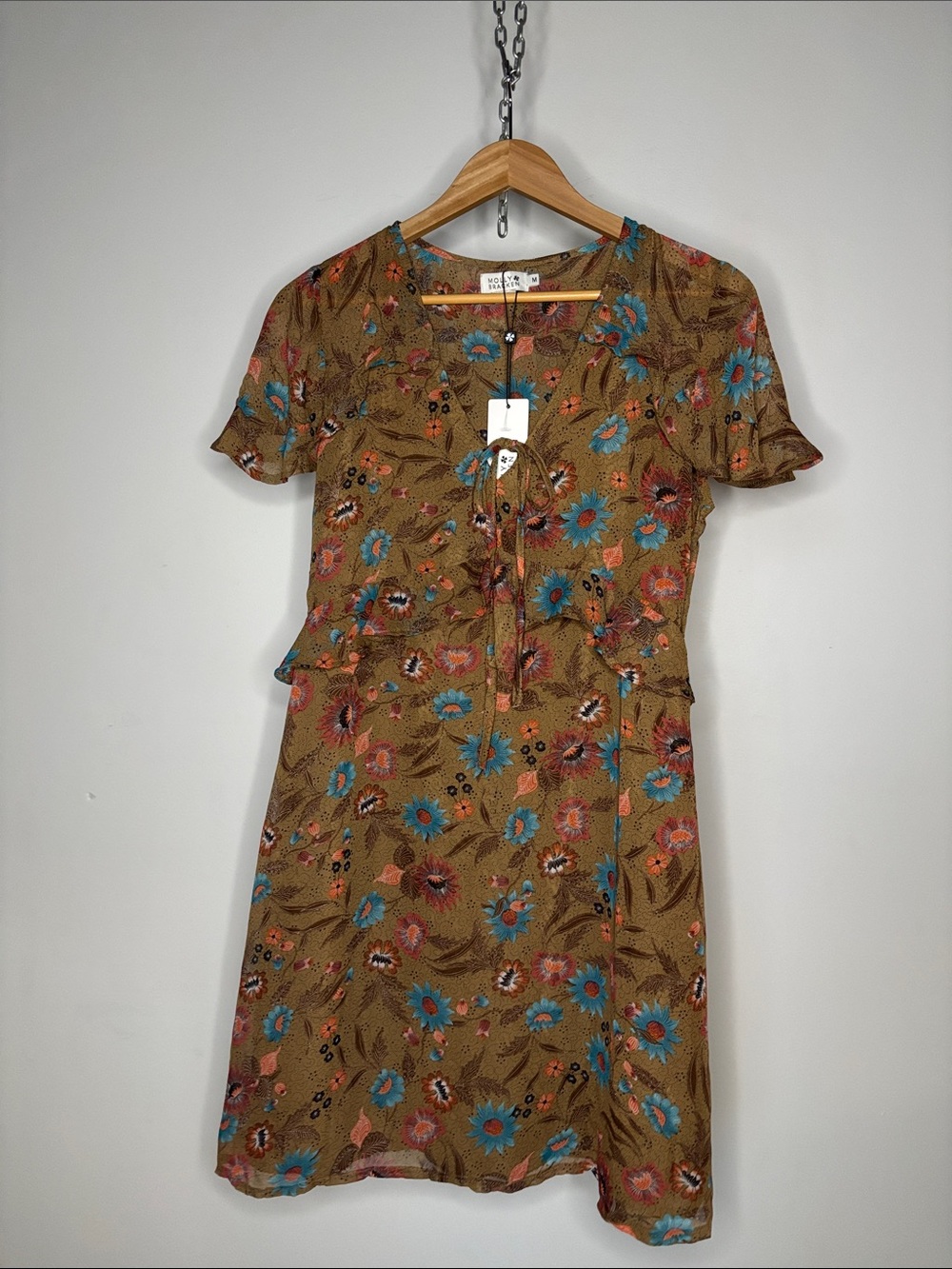 Molly Bracken Brown Mini Dress with Teal and Pink Floral Print Size M
